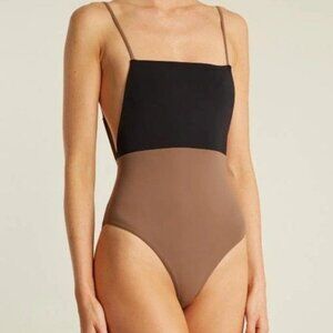 MARA HOFFMAN Georgette Contrast Panel Swimsuit In Black Brown
